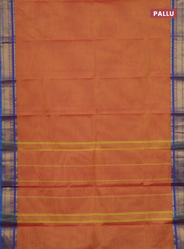 Chettinad cotton saree dual shade of yellowish pink and blue with plain body and zari woven border
