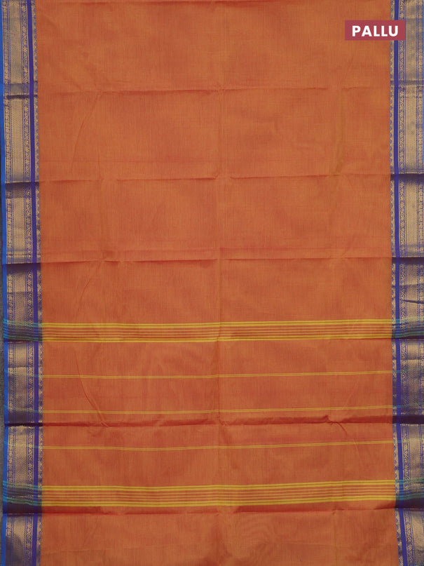 Chettinad cotton saree dual shade of yellowish pink and blue with plain body and zari woven border