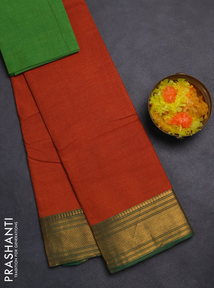 Chettinad cotton saree sunset orange and light green with allover small checked pattern and zari woven border