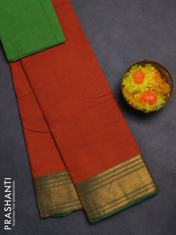 Chettinad cotton saree sunset orange and light green with allover small checked pattern and zari woven border