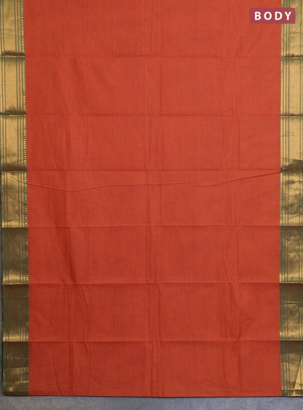 Chettinad cotton saree sunset orange and light green with allover small checked pattern and zari woven border