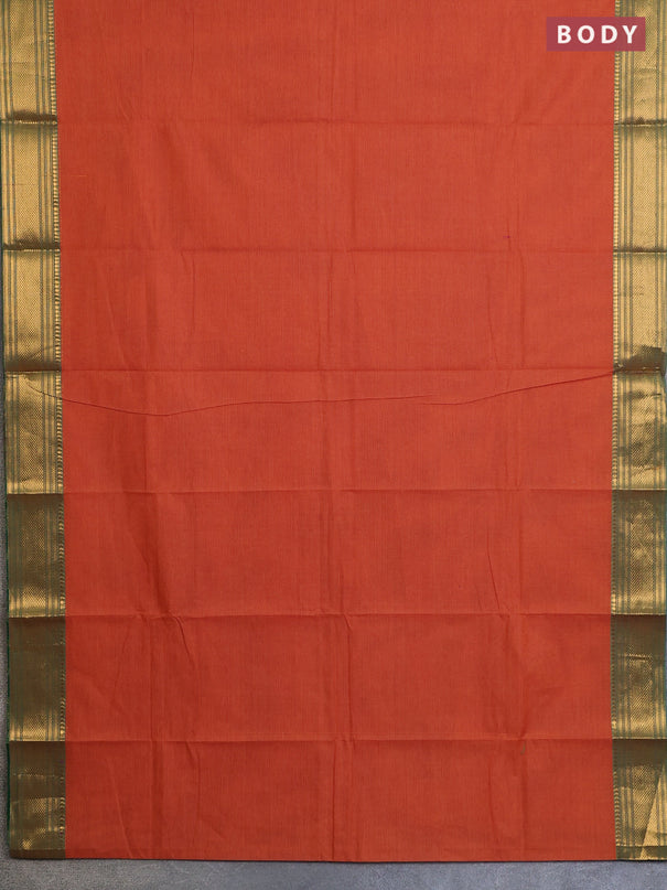 Chettinad cotton saree sunset orange and light green with allover small checked pattern and zari woven border
