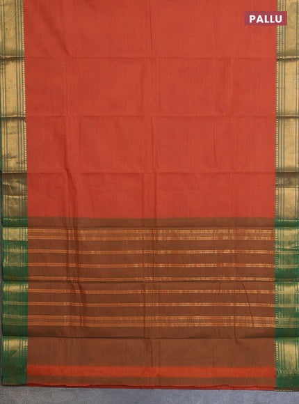 Chettinad cotton saree sunset orange and light green with allover small checked pattern and zari woven border