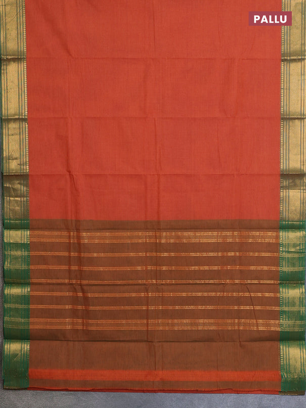 Chettinad cotton saree sunset orange and light green with allover small checked pattern and zari woven border