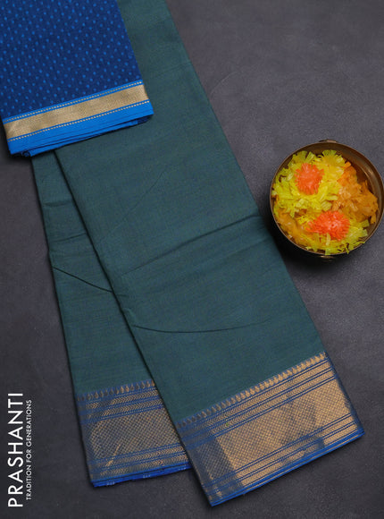 Chettinad cotton saree teal blue and cs blue with allover small checked pattern and zari woven border