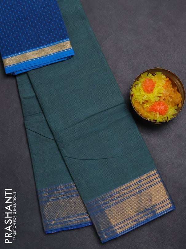 Chettinad cotton saree teal blue and cs blue with allover small checked pattern and zari woven border
