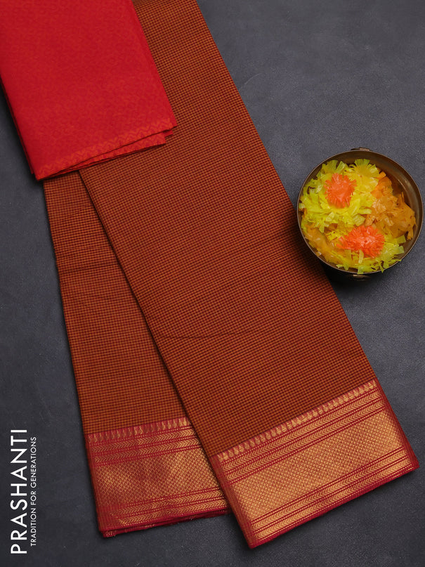 Chettinad cotton saree maroon mustard yellow and pink with allover small checked pattern and zari woven border