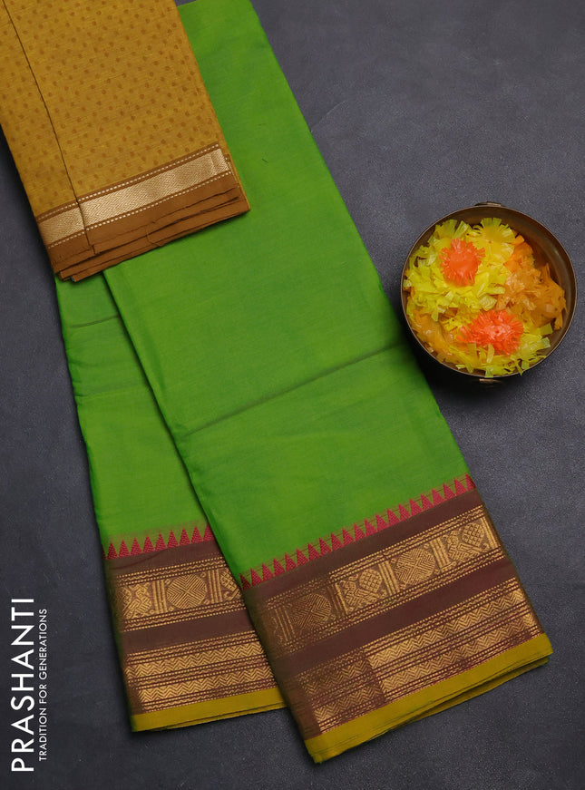 Chettinad cotton saree light green and yellow with plain body and rettapet zari woven border