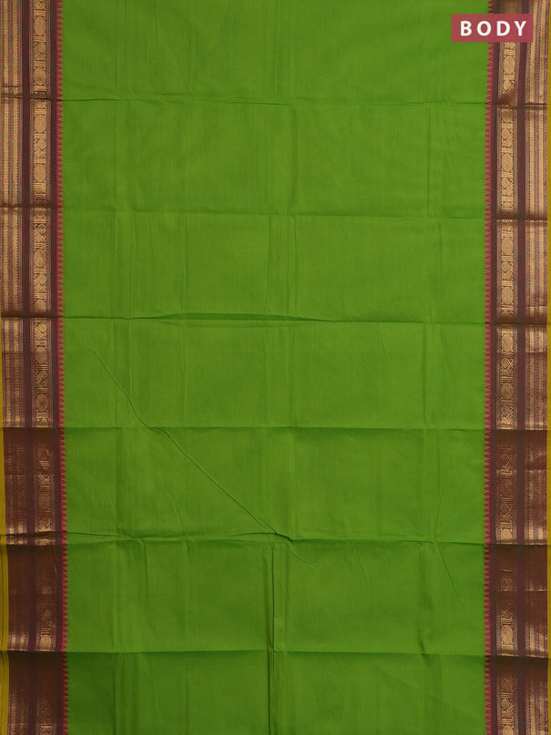 Chettinad cotton saree light green and yellow with plain body and rettapet zari woven border