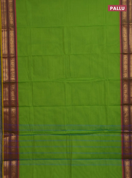 Chettinad cotton saree light green and yellow with plain body and rettapet zari woven border