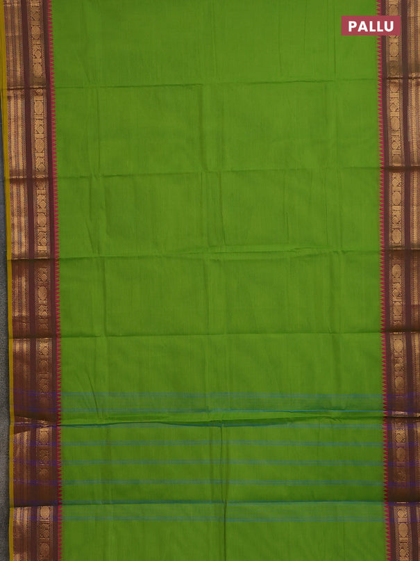 Chettinad cotton saree light green and yellow with plain body and rettapet zari woven border