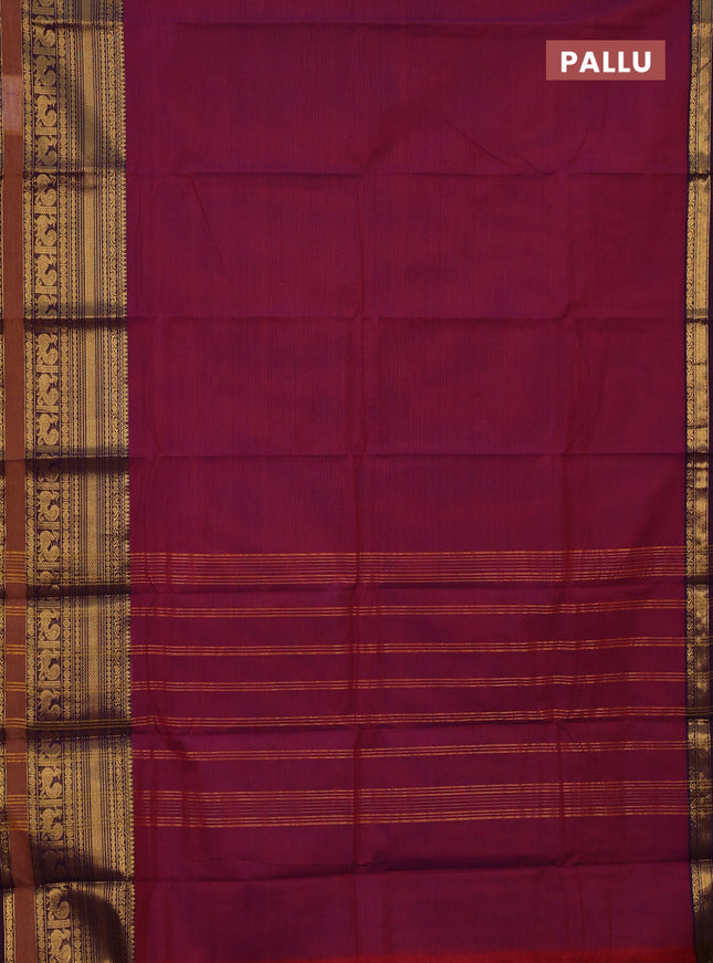 Chettinad cotton saree dual shade of pueple and rust shade with plain body and long zari woven border