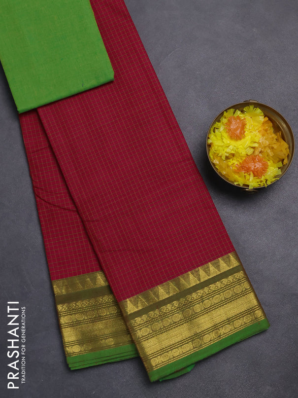 Chettinad cotton saree pink and green with allover checked pattern and zari woven border