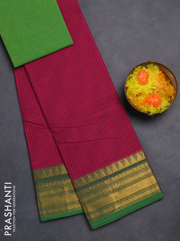 Chettinad cotton saree magenta pink and green with allover checked pattern and zari woven border