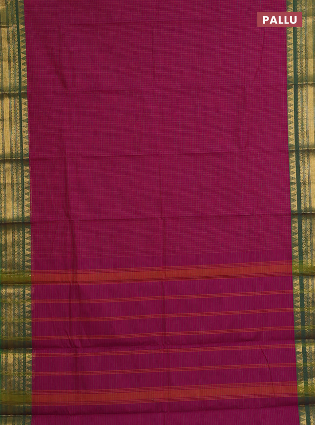 Chettinad cotton saree magenta pink and green with allover checked pattern and zari woven border