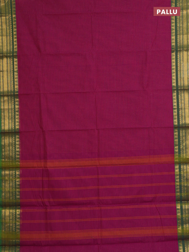 Chettinad cotton saree magenta pink and green with allover checked pattern and zari woven border