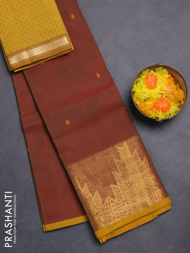 Chettinad cotton saree manthulir green and mustard yellow with thread woven buttas and long temple design zari woven border