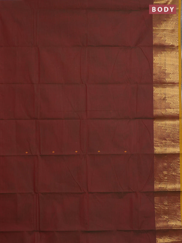 Chettinad cotton saree manthulir green and mustard yellow with thread woven buttas and long temple design zari woven border