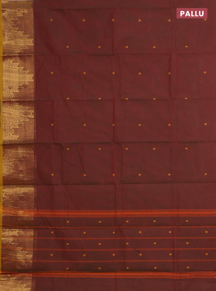 Chettinad cotton saree manthulir green and mustard yellow with thread woven buttas and long temple design zari woven border