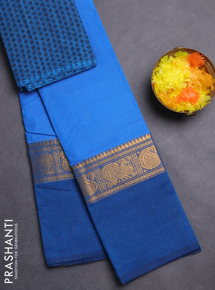 Chettinad cotton saree blue and peacock blue with plain body and zari woven simple border