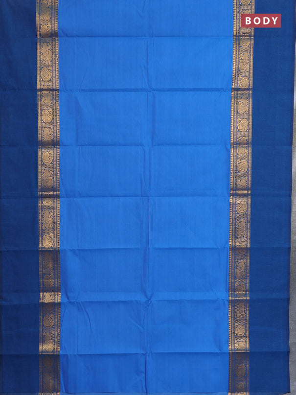 Chettinad cotton saree blue and peacock blue with plain body and zari woven simple border