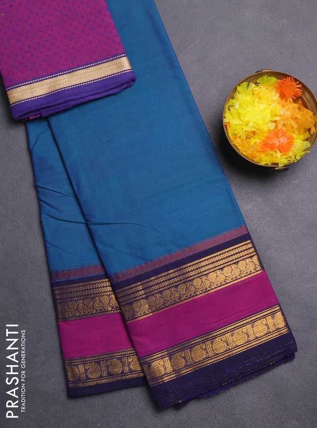Chettinad cotton saree dual shade of peacock blue and purple navy blue with plain body and rettapet zari woven border