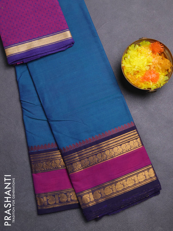 Chettinad cotton saree dual shade of peacock blue and purple navy blue with plain body and rettapet zari woven border