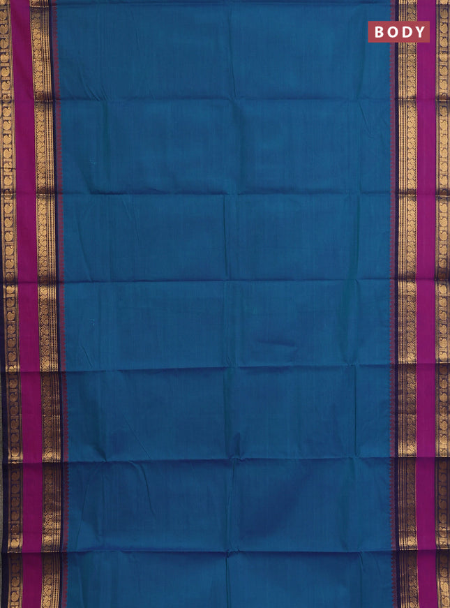 Chettinad cotton saree dual shade of peacock blue and purple navy blue with plain body and rettapet zari woven border