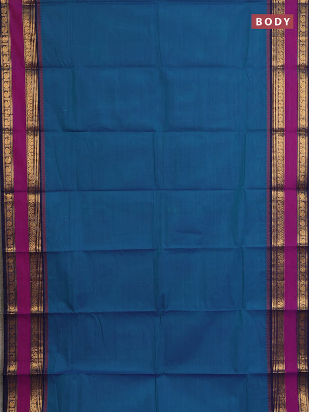 Chettinad cotton saree dual shade of peacock blue and purple navy blue with plain body and rettapet zari woven border