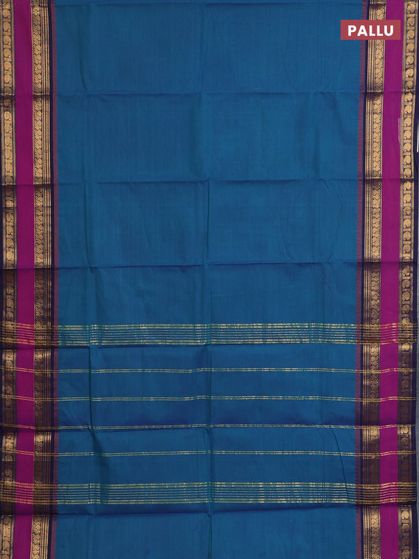 Chettinad cotton saree dual shade of peacock blue and purple navy blue with plain body and rettapet zari woven border