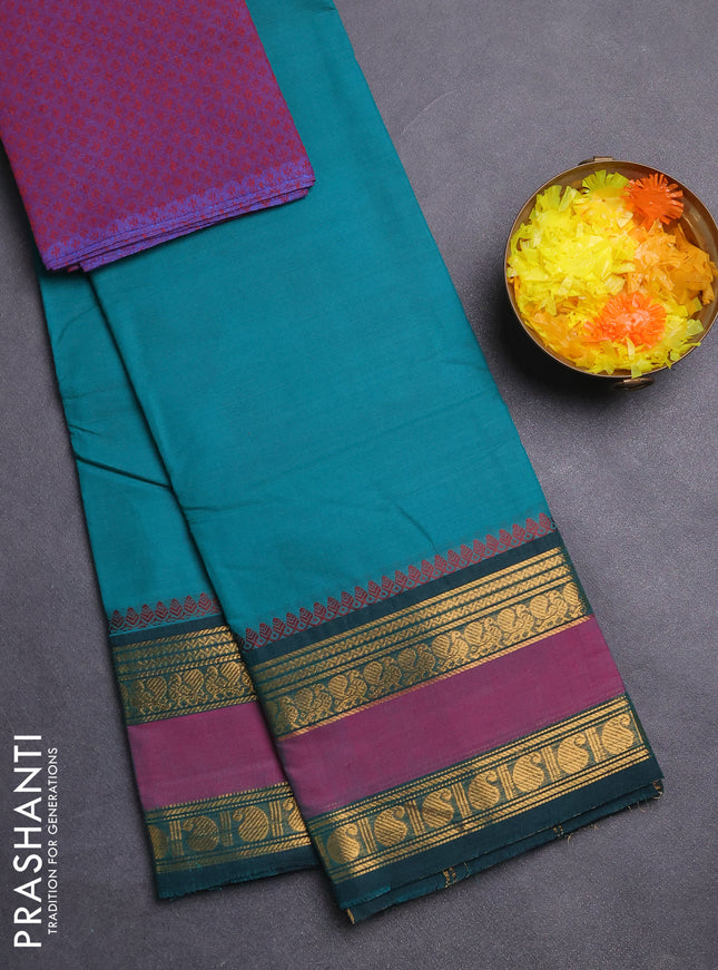 Chettinad cotton saree teal green and magenta pink with plain body and rettapet zari woven border