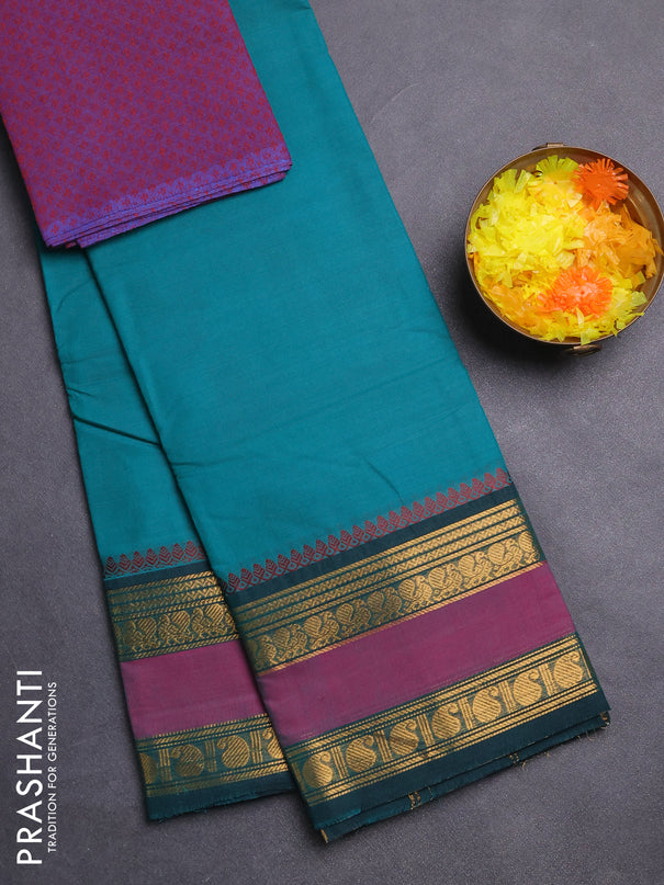 Chettinad cotton saree teal green and magenta pink with plain body and rettapet zari woven border