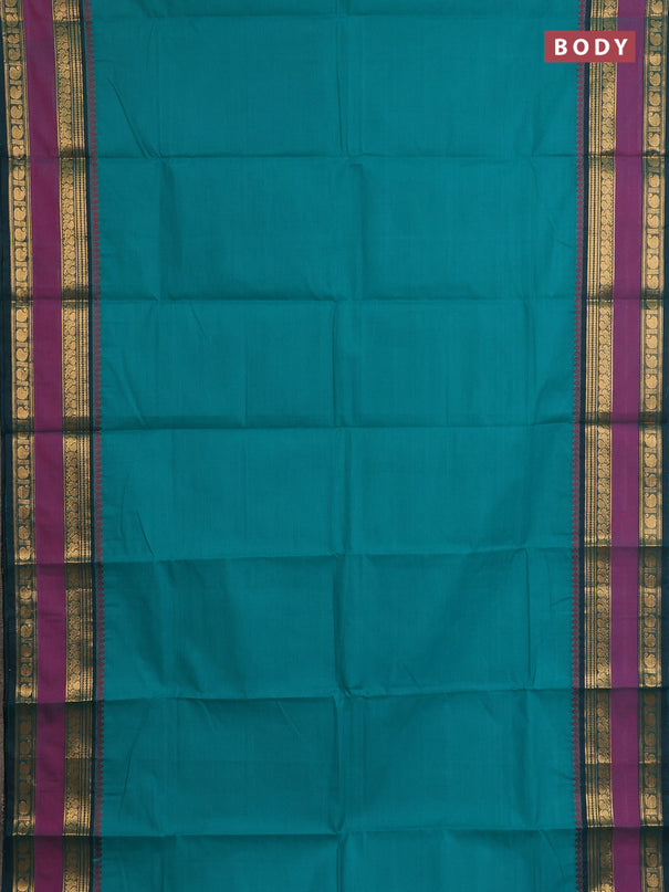 Chettinad cotton saree teal green and magenta pink with plain body and rettapet zari woven border