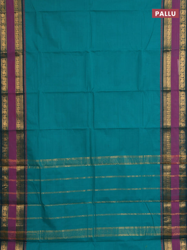 Chettinad cotton saree teal green and magenta pink with plain body and rettapet zari woven border