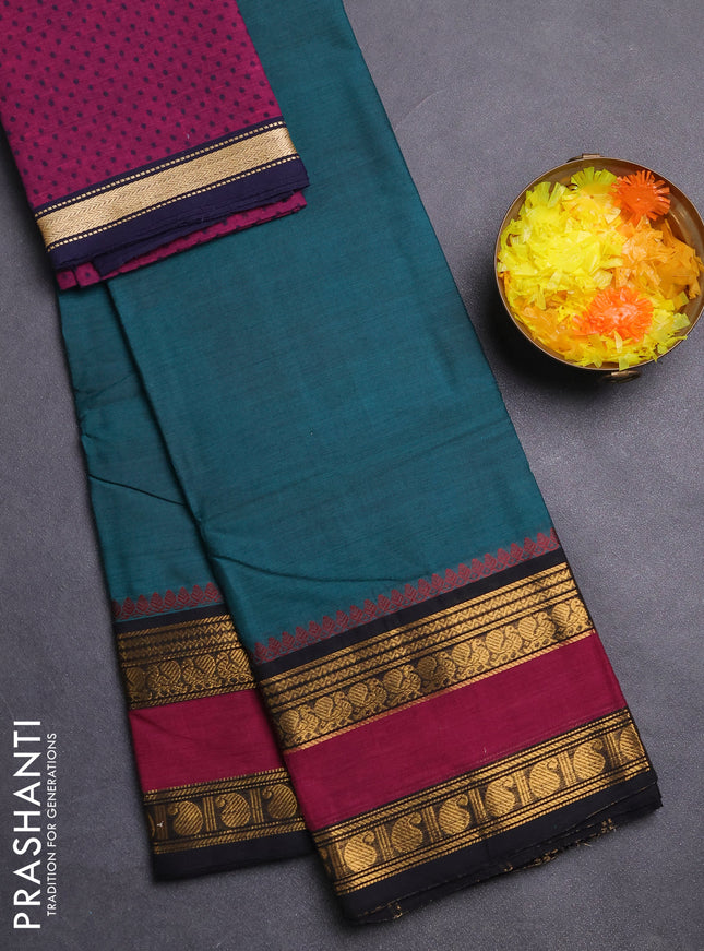 Chettinad cotton saree peacock green and black magenta pink with plain body and rettapet zari woven border