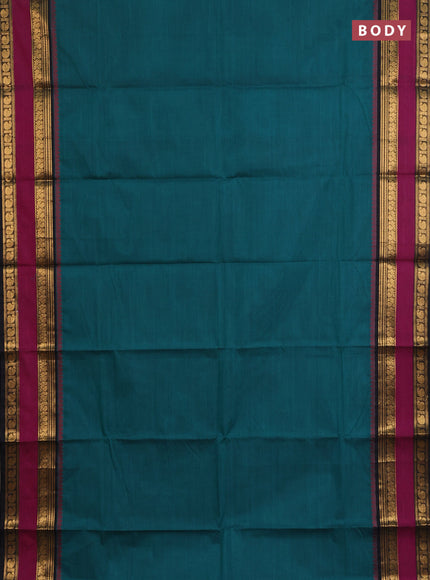 Chettinad cotton saree peacock green and black magenta pink with plain body and rettapet zari woven border