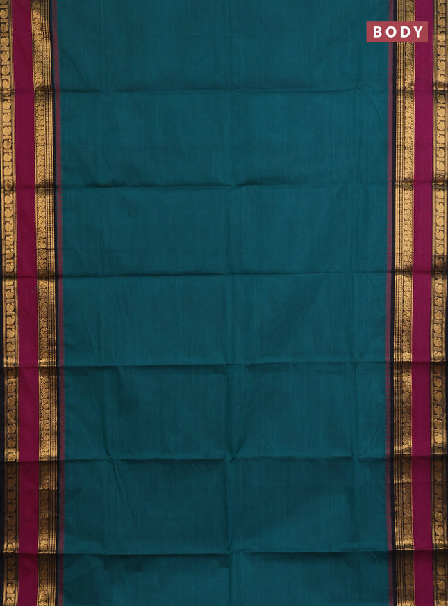 Chettinad cotton saree peacock green and black magenta pink with plain body and rettapet zari woven border