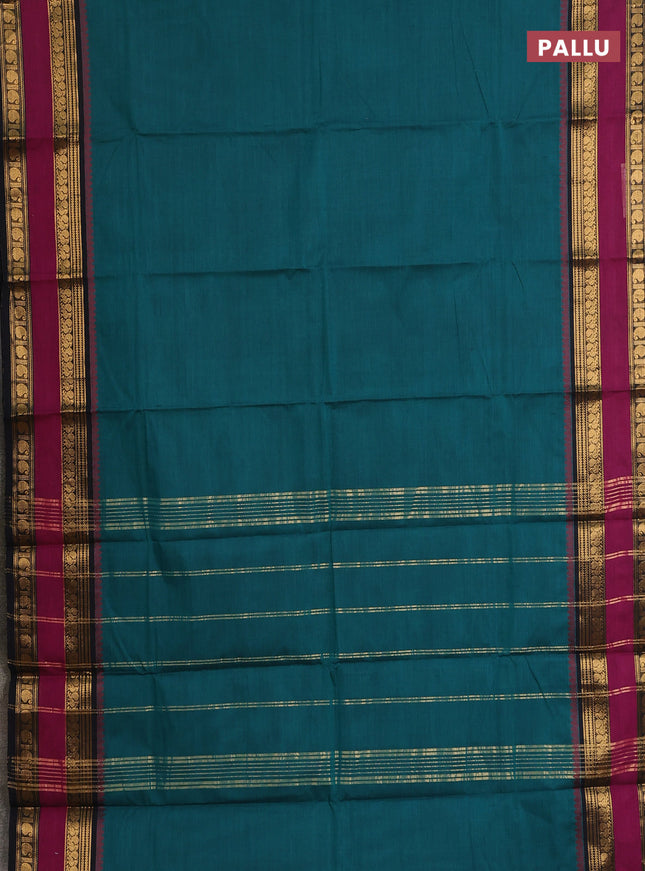 Chettinad cotton saree peacock green and black magenta pink with plain body and rettapet zari woven border