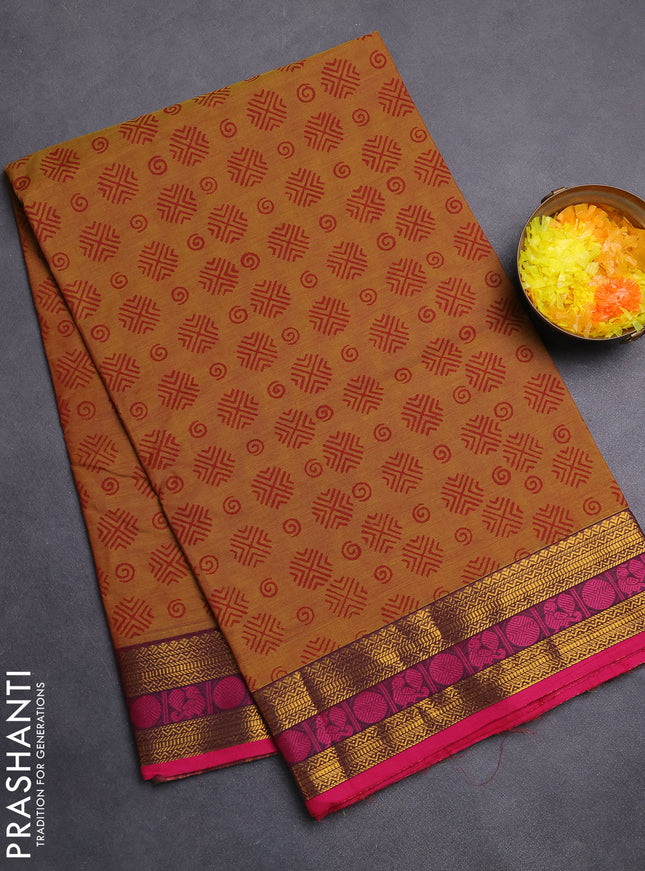Chettinad cotton saree dual shade of mustard green and pink with allover butta prints and zari woven border