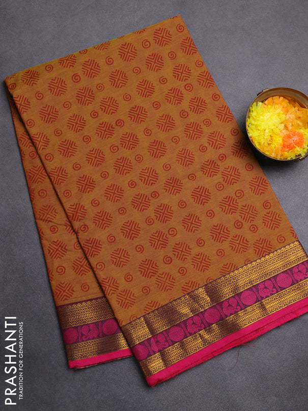 Chettinad cotton saree dual shade of mustard green and pink with allover butta prints and zari woven border