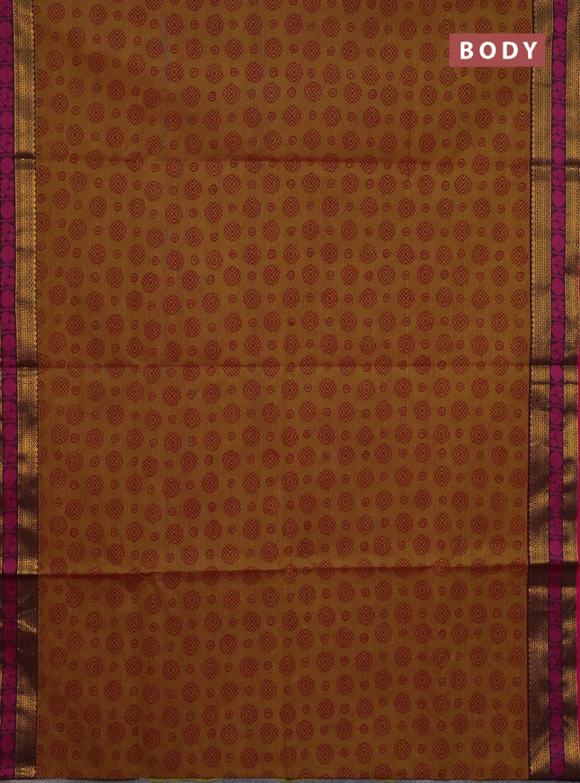 Chettinad cotton saree dual shade of mustard green and pink with allover butta prints and zari woven border