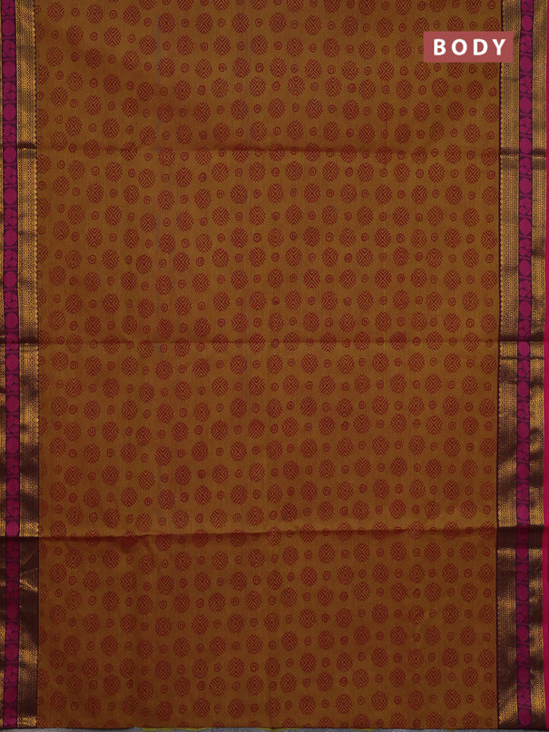 Chettinad cotton saree dual shade of mustard green and pink with allover butta prints and zari woven border
