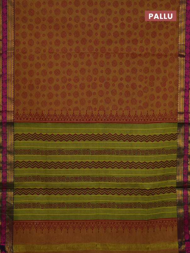 Chettinad cotton saree dual shade of mustard green and pink with allover butta prints and zari woven border