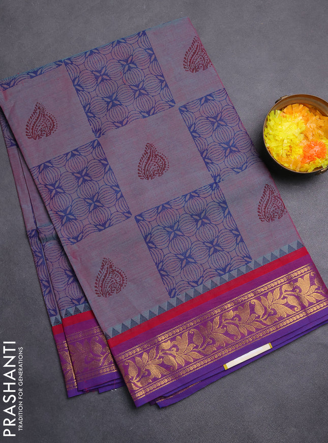 Chettinad cotton saree dual shade of bluish pink and purple with allover prints and zari woven border