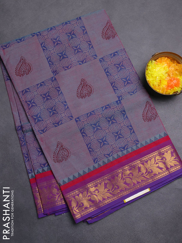 Chettinad cotton saree dual shade of bluish pink and purple with allover prints and zari woven border