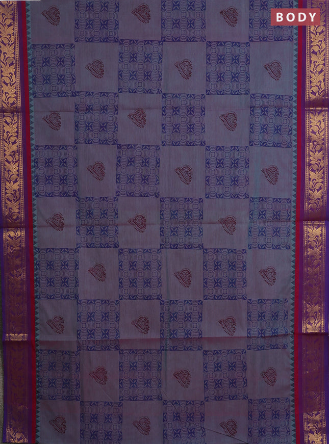 Chettinad cotton saree dual shade of bluish pink and purple with allover prints and zari woven border