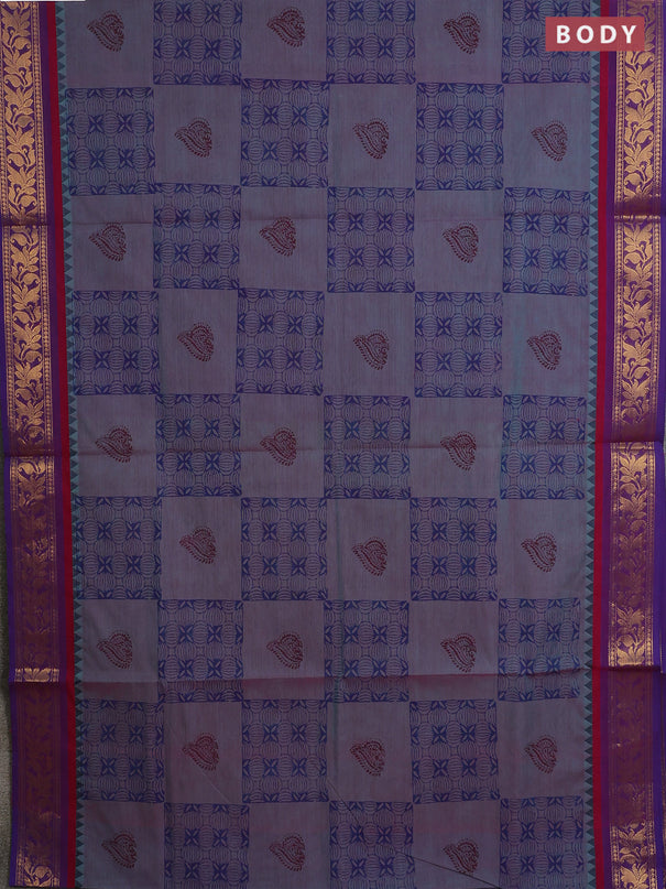 Chettinad cotton saree dual shade of bluish pink and purple with allover prints and zari woven border