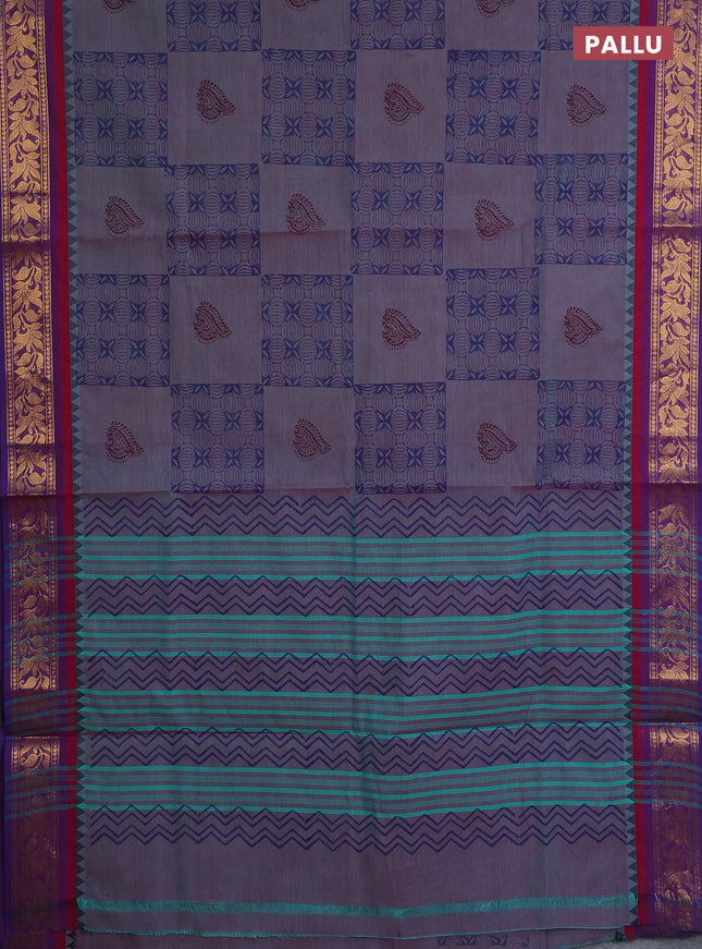 Chettinad cotton saree dual shade of bluish pink and purple with allover prints and zari woven border