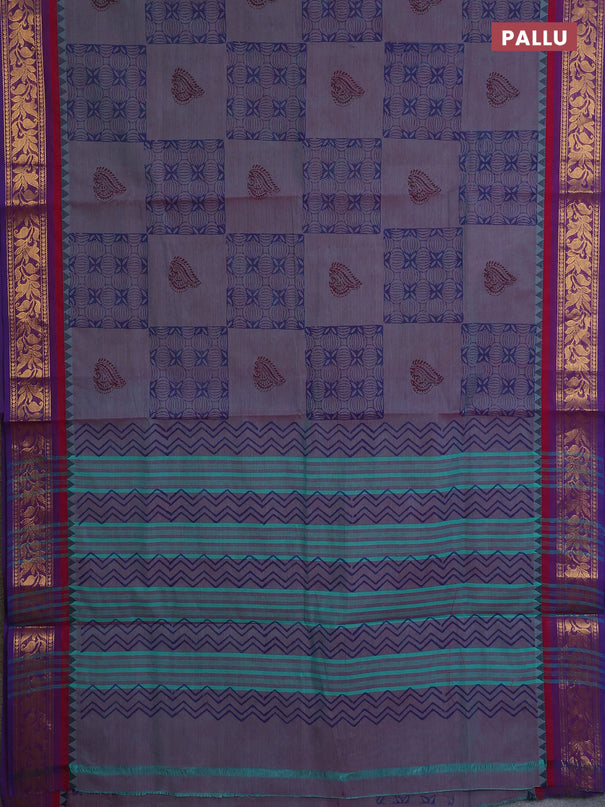 Chettinad cotton saree dual shade of bluish pink and purple with allover prints and zari woven border
