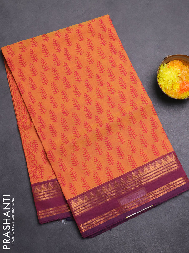 Chettinad cotton saree dual shade of orange and wine shade with allover prints and rettapet zari woven border
